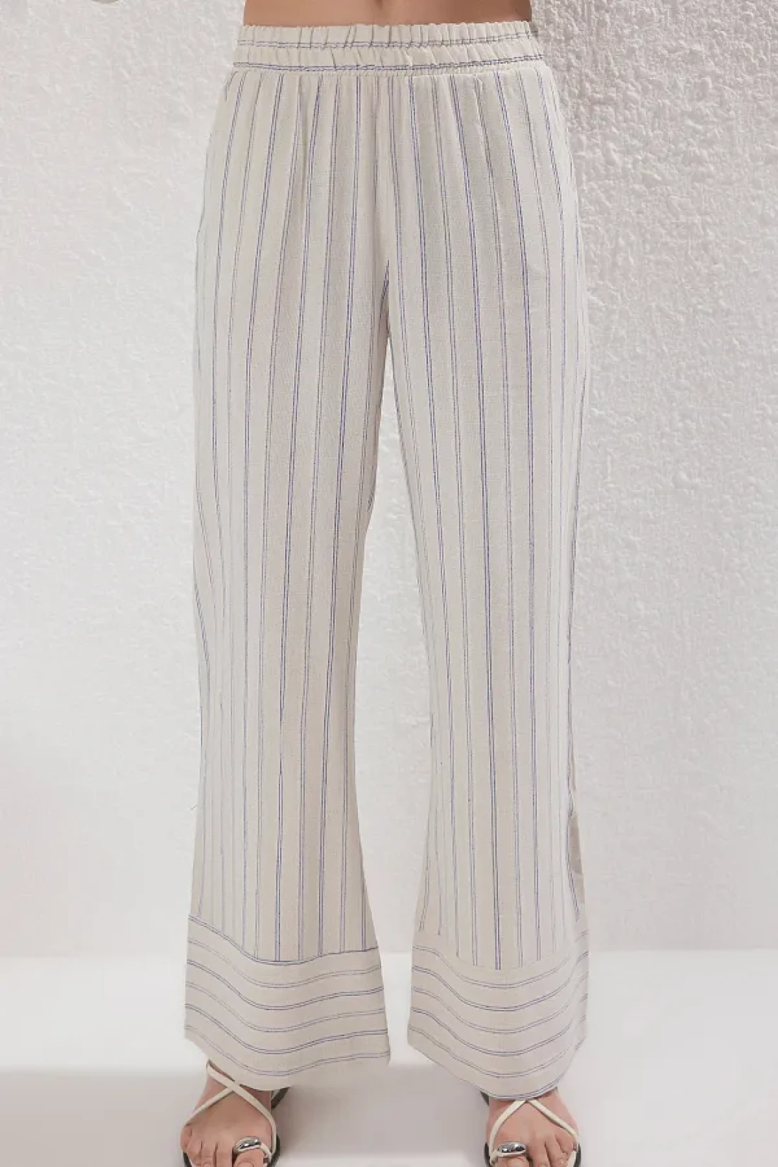 Trendyol Modest Beige Striped Linen Wrap Shirt and Pants Convergence Tctss25Us00026