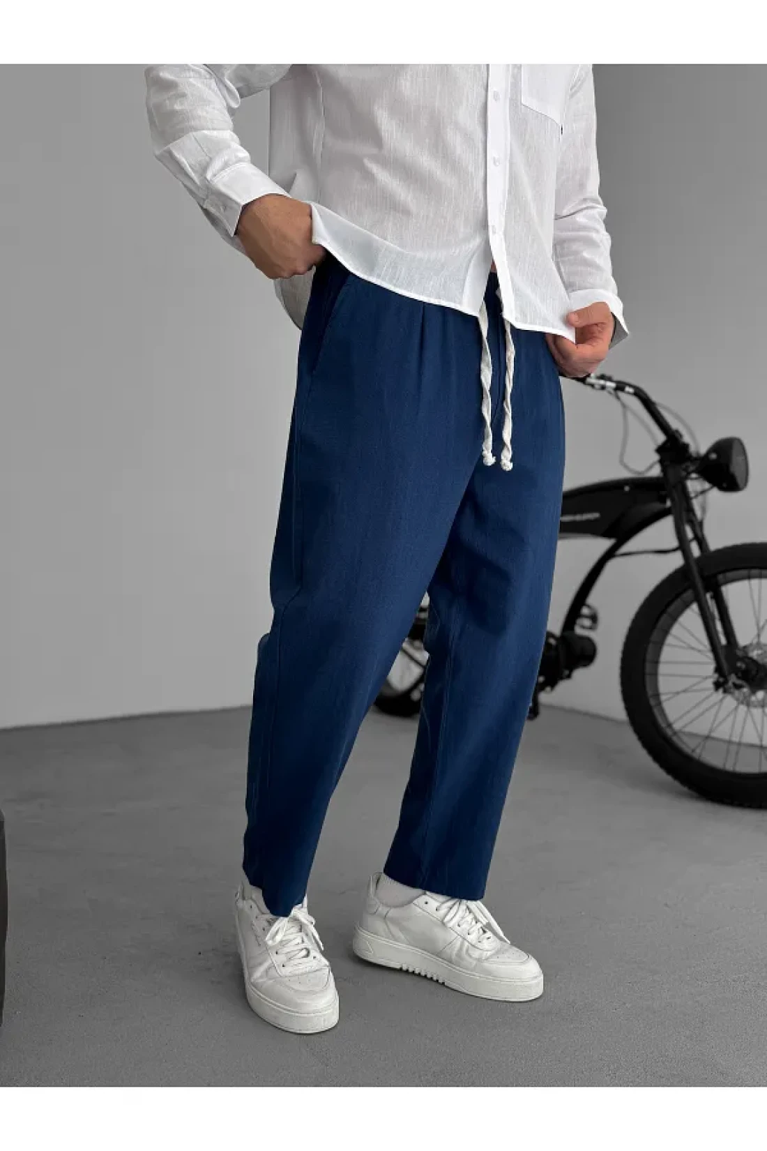 BYBASICMAN Navy Blue Loose Fit Linen Trousers Jj-181