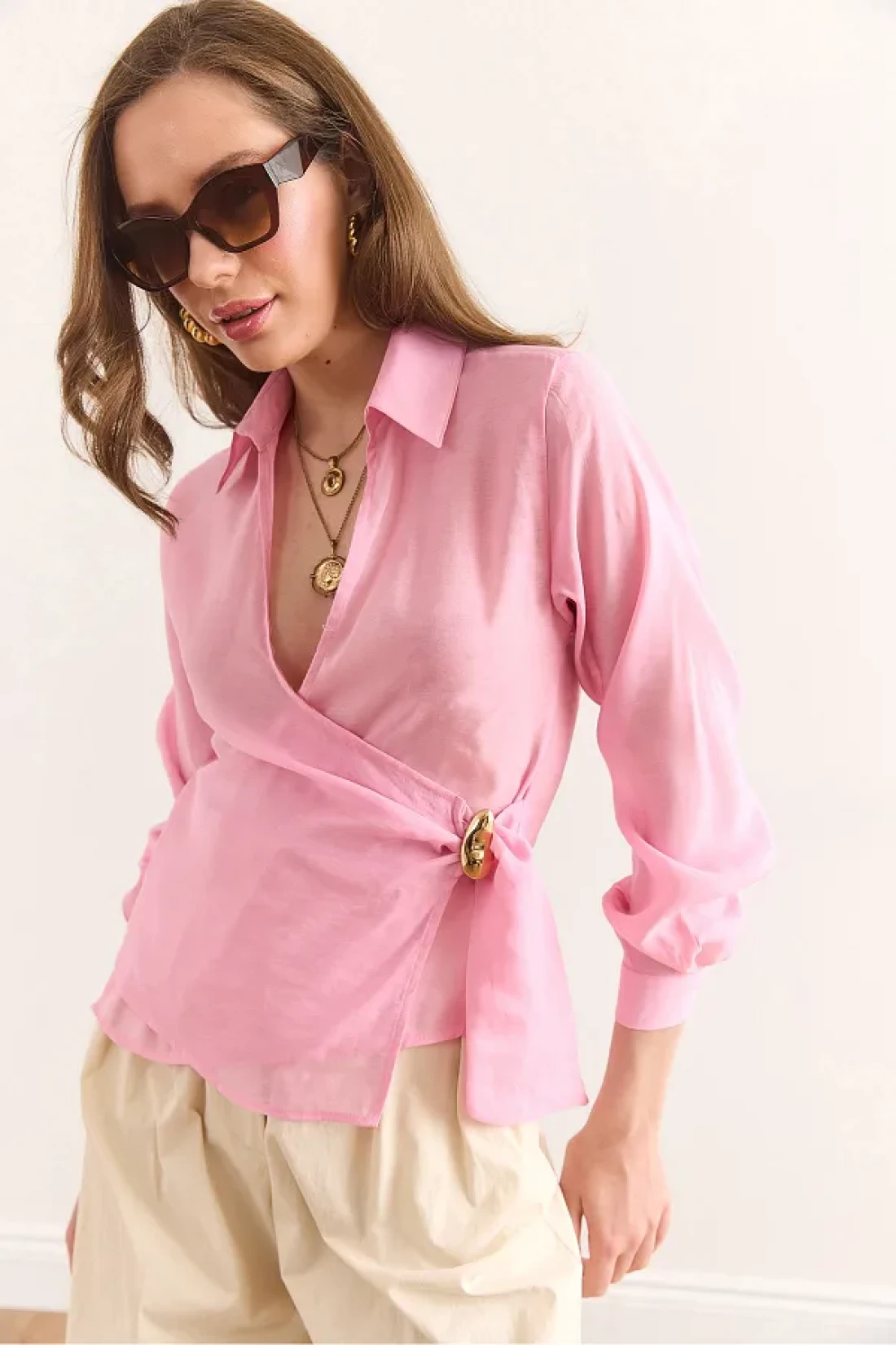 Olalook Women's Candy Pink Side Binding Detailed Modal Blouse Blz-19002946