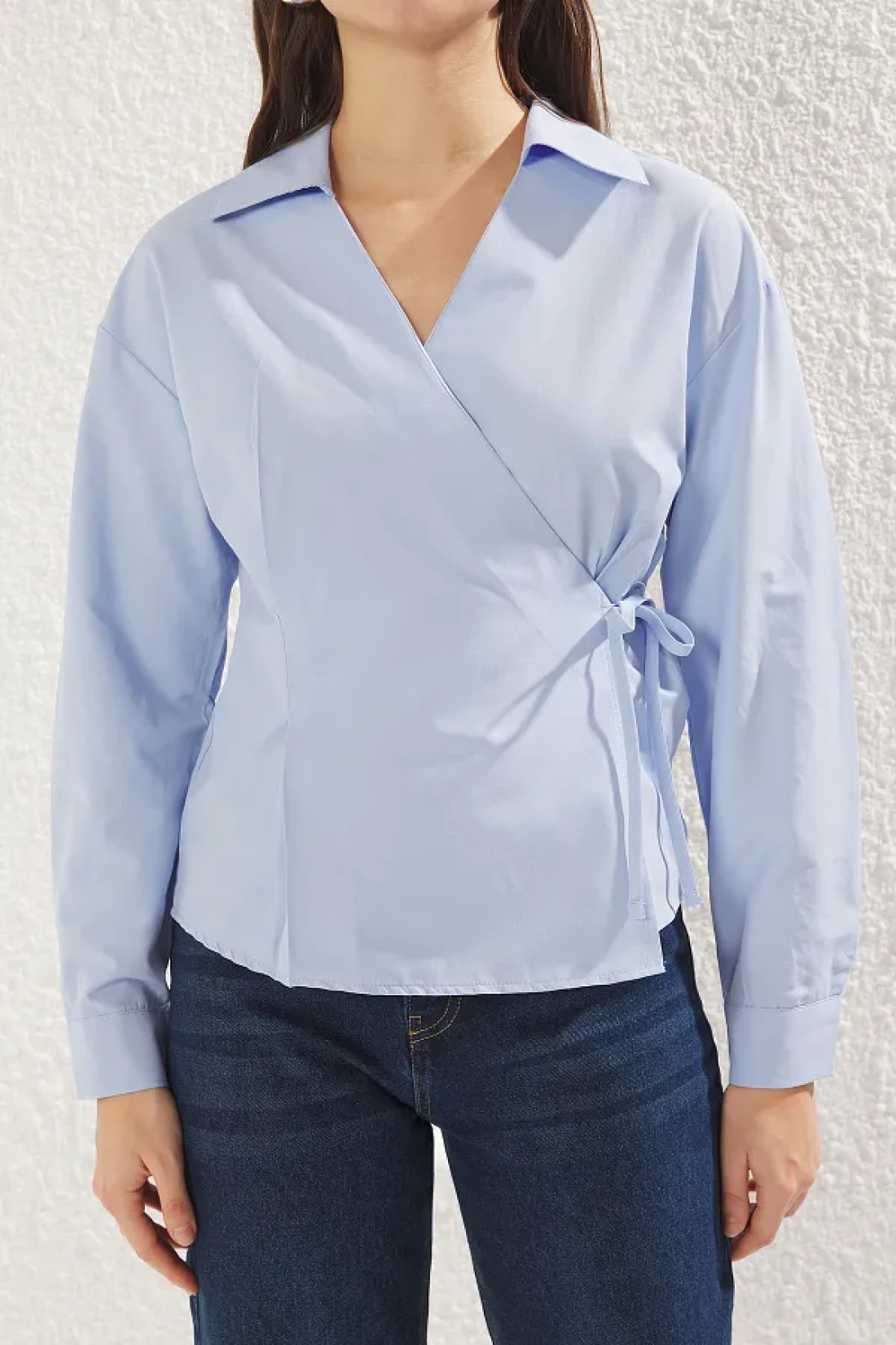 Trendyol Collection Blue Double Breasted Closure Lacing Detail Regular Regular Fit Woven Shirt Twoss25Go00029