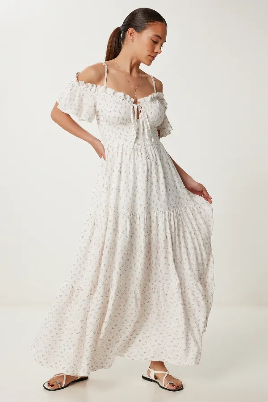 Lovelyİstanbul Patterned Strappy Ruffled Long Summer Viscose Dress Ecru Murdum Lub0112