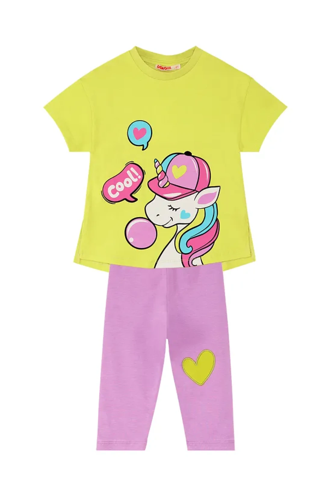 Denokids Unicorn Patterned Girl's Summer T-shirt and Lilac Leggings Set