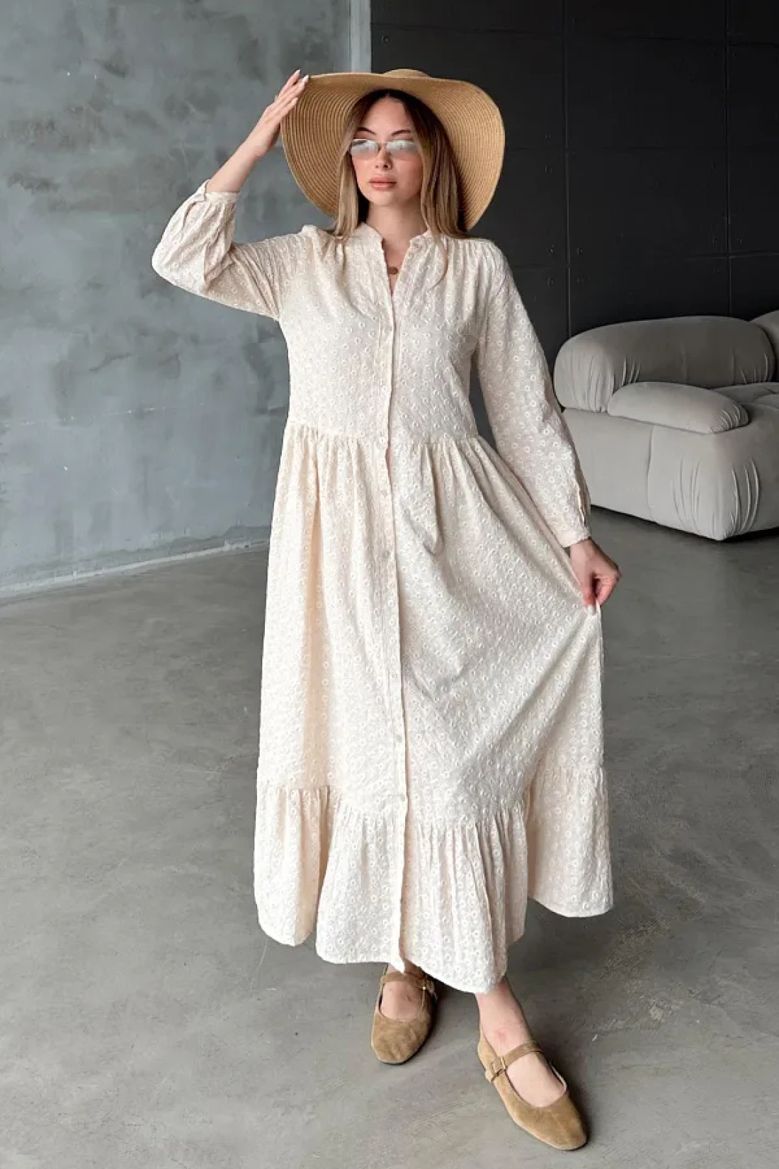 Olcay Button Midi Length Guipure Dress Beige 9351-E