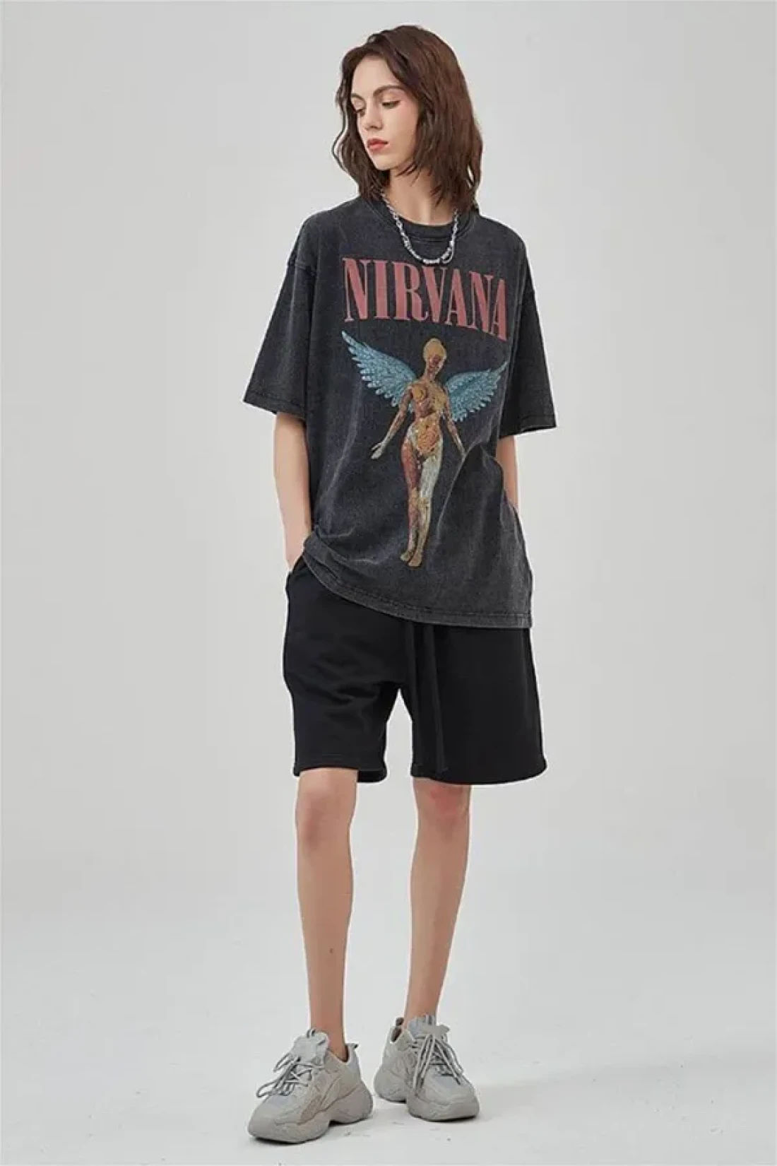 Trendiz Unisex Nirvana Angel Washed Tshirt Anthracite