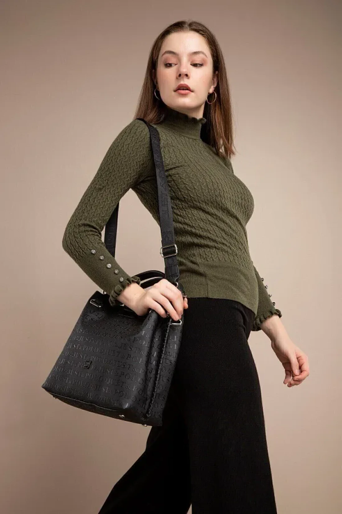 Just Polo Large Size Daily Women's Shoulder Bag - 4 Compartments, Back Pocket, Hand Knitted, Wallet Gift 33X26 cm 2180