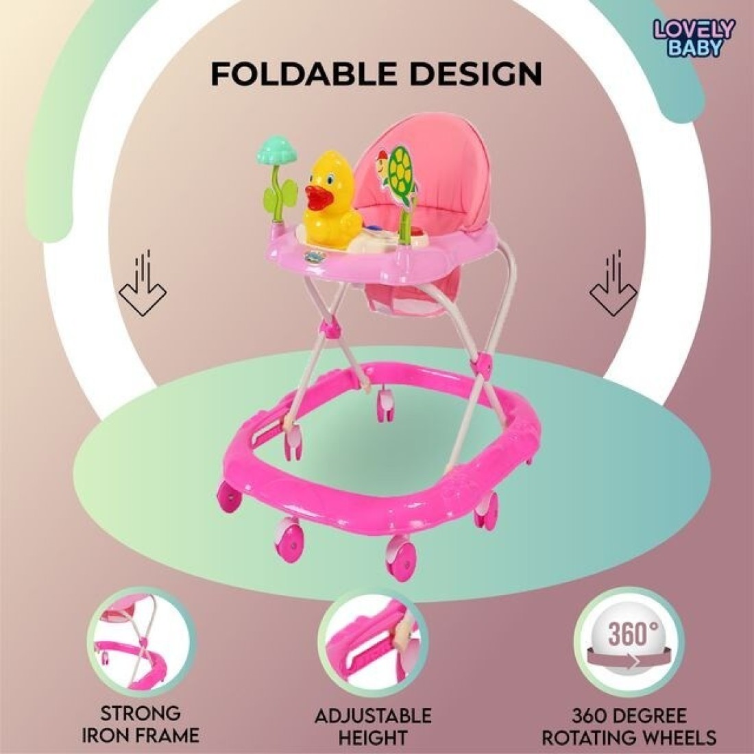 Lovely Baby Foldable Kids Walker LB 852 with Adjustable Height, Music & Toys, Rotating Wheels, Foldable Safe Support Activity Walker for Toddlers, Small Infant Boy Girl 6-15 M - Pink