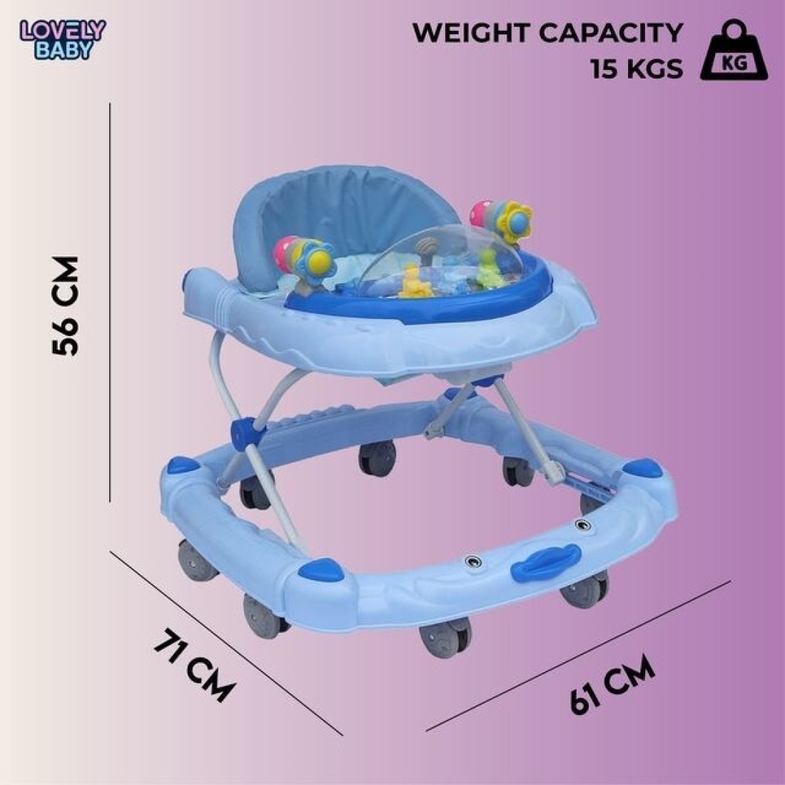 Lovely Baby Foldable Kids Walker BW05 with Adjustable Height, Musical Toys, Rotating Wheels, Comfortable & Safe Activity Walker for Toddlers, Small Infant Boy Girl 6-18 months - Blue