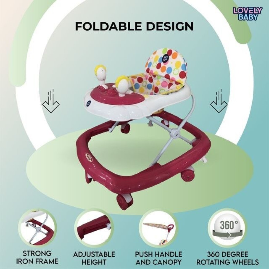 Lovely Baby Foldable Kids Walker LB 581HC with Adjustable Height, Music & Toys, Rotating Wheels, Handle, Foldable Safe Activity Walker for Toddlers, Small Infant Boy Girl 6-18 M - Pink