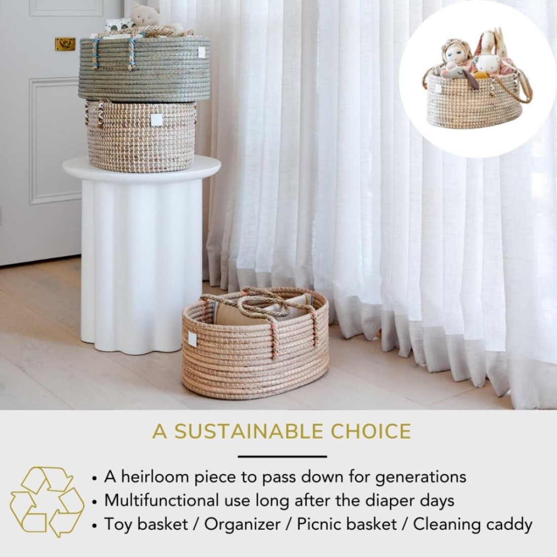 BEBE BASK Baby Diaper Caddy Organizer Handmade Organic Seagrass Luxury Diaper Caddy Basket Cute Diaper Caddy for Baby Girl Diaper Caddy for Baby Boy White Natural