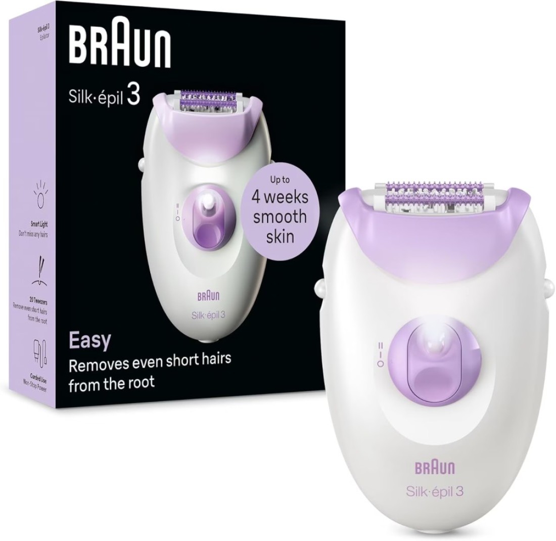 Braun Silk-épil 3 SE 3-000 Epilator for Women Long-Lasting Hair Removal with 20 MicroGrip Tweezers, SmartLight for Precision, Corded for Non-Stop Use, – White