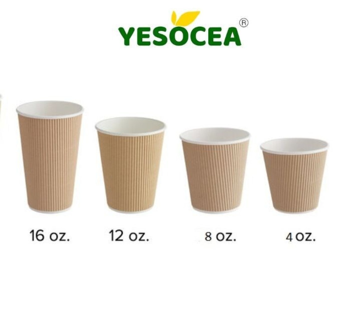 YESOCEA [50 Set] 4 oz. Kraft Disposable Coffee Cups With Lids - Triple Wall Ripple Brown Hot Paper Cups for Tea, Drinks To-Go