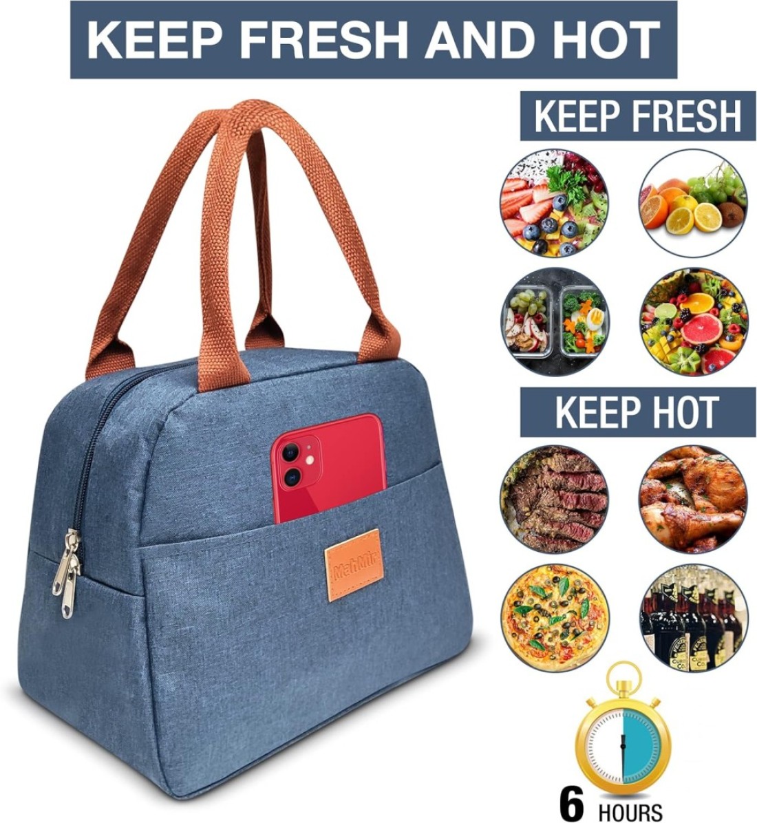 MahMir Insulated Lunch Bag for Men Women Kids with Strap Handles, Wide Open Easy to Clean Insulated Lunch Bag Box for Office Work School Picnic Travel, Leakproof Thermal Cooler Insulated Lunch (Blue)
