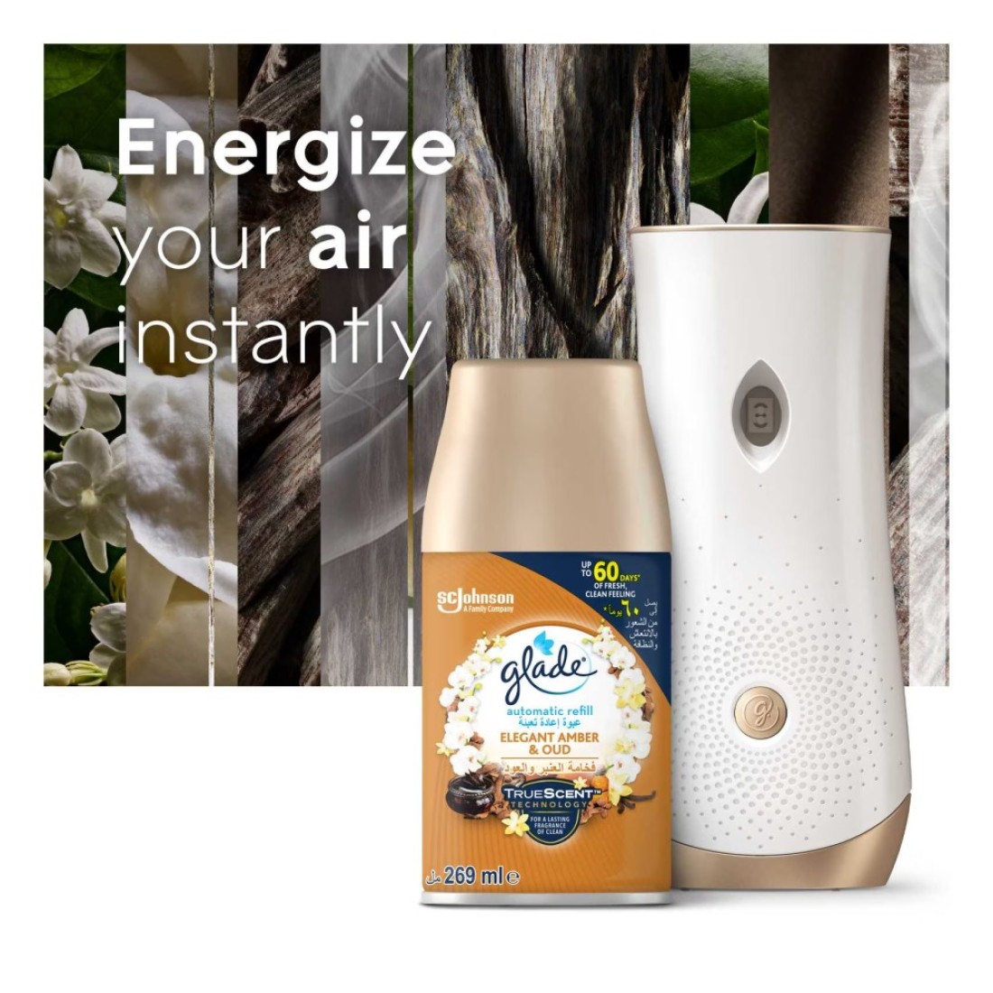 Glade Lavender And Vanilla Automatic Refill Spray White 269ml Pack of 2 With Elegant Amber And Oud Automatic Refill Spray White 269ml