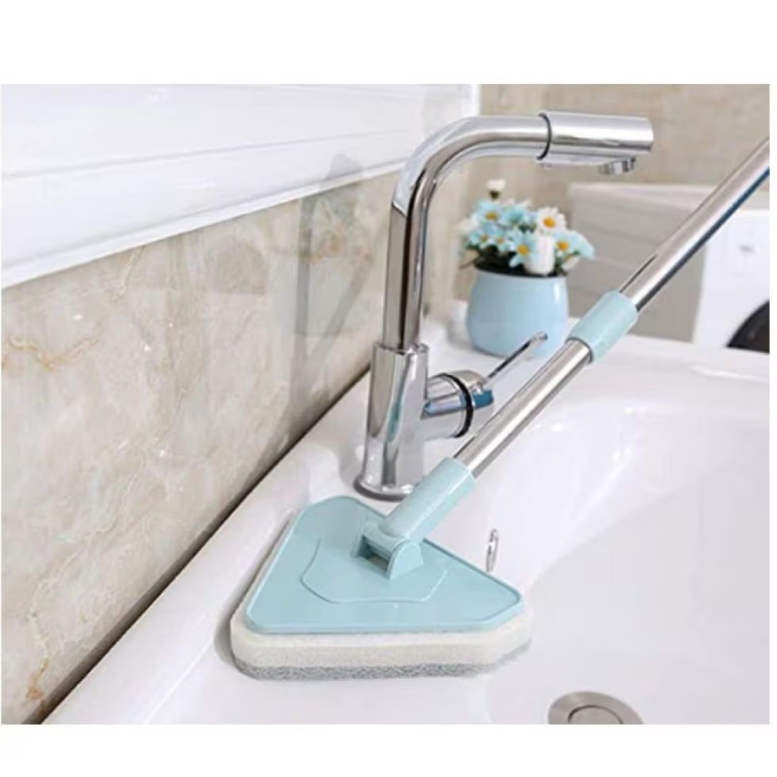 Aiwanto Long Handle Cleaning Brush Tub Bathroom Tile Scrub Brush Multifunctional Scrubber Triangle Sponge Extendable Brush with Good Grib (Blue)