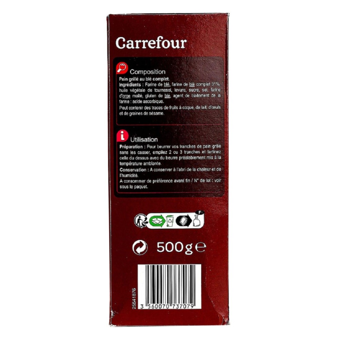 Carrefour Toasted Whole Wheat Bread 500g