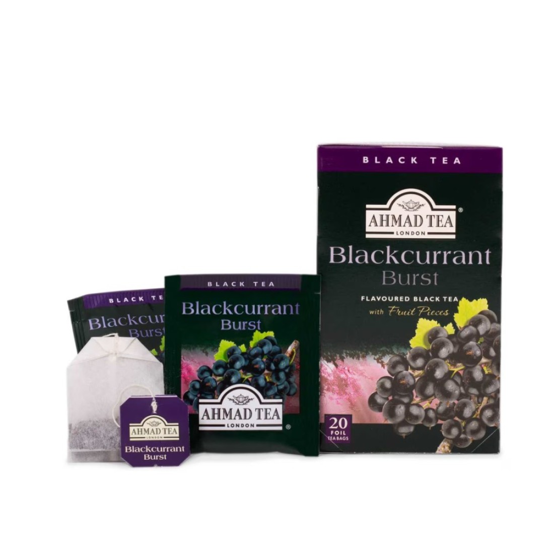 Ahmad Tea Blackcurrant Burst Flavoured Black Tea with Fruit Pieces Tea Bags 20 Tea Bags