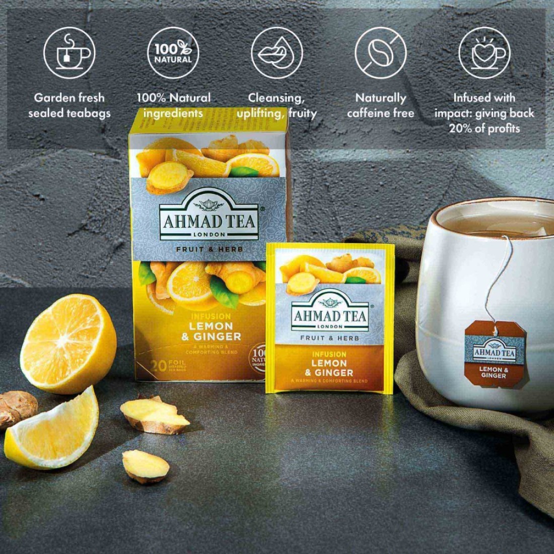 Ahmad Tea Fruit and Herb Infusion Lemon and Ginger Flavoured Tea Bags 20 Tea Bags