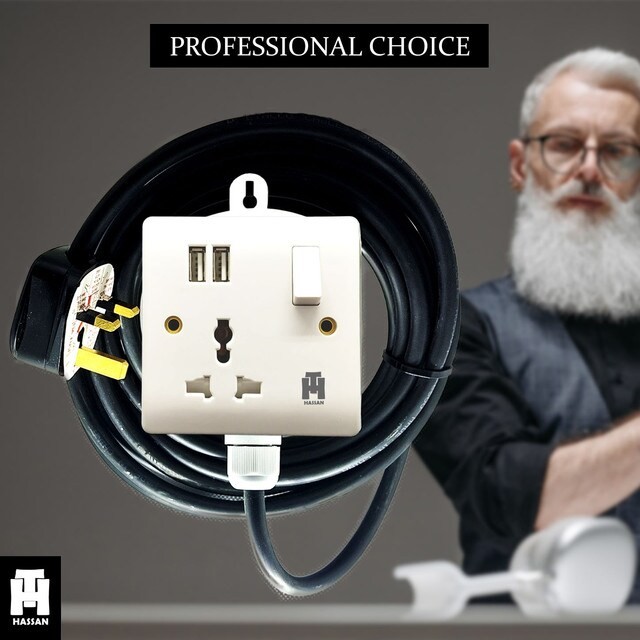 Hassan Single Socket USB Universal Power Outlet 30 meter Extension Cord, White, Mobile Charger, Long Wire Extension