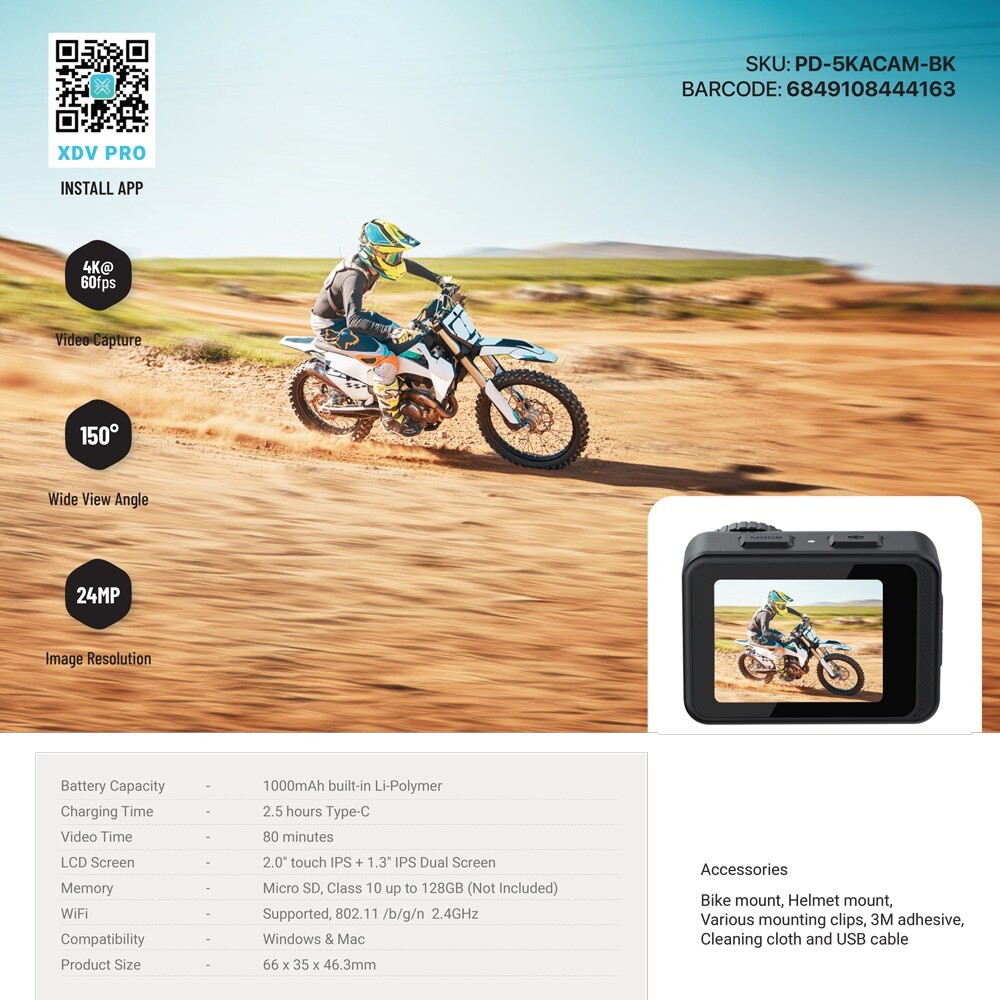 Porodo 4K Ultra HD Action Camera with WiFi Support and Touch Screen Dual Screen Display Full Body Waterproof Electronic Image Stabilization Wide View Angle 150° 4K@ 60fps Video Capture 24MP