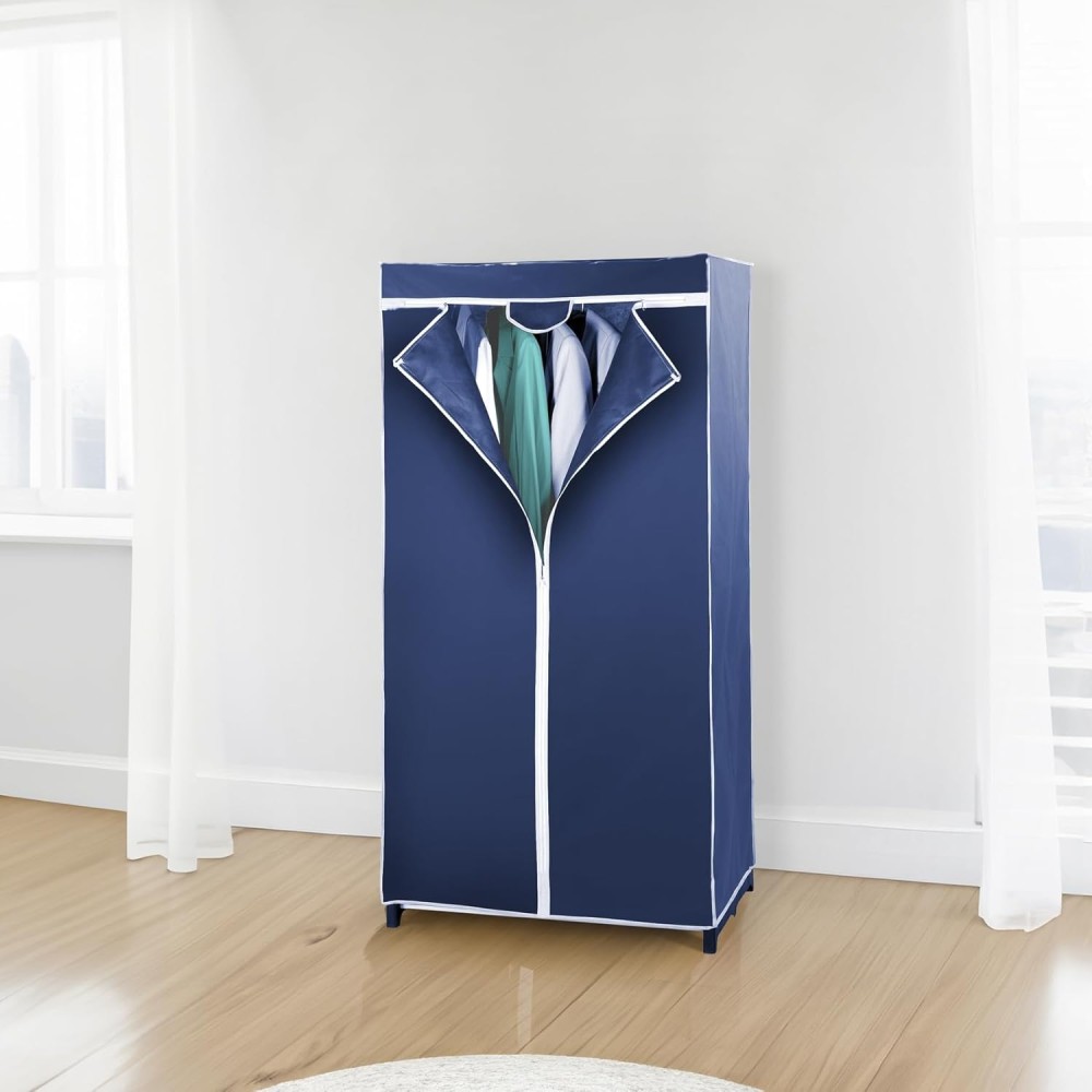 FITTO Wardrobe Storage Organizer – Breathable Nonwoven Fabric Closet with Zip Closure, Sturdy Metal Frame, Space-Saving Design for Dust-Free Textile Storage, Blue, 75 x 150 x 50 cm