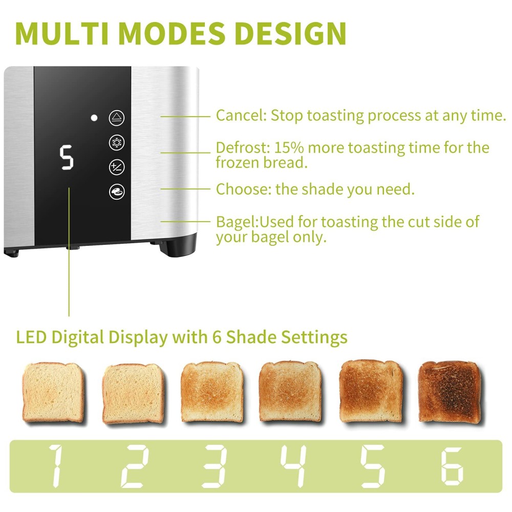 4 Slice Toaster with Extra-Wide Slots &ndash; Adjustable Temperature Control, Defrost &amp; Reheat Functions for Bread, Bagels &amp; Snacks, Stainless Steel Breakfast Toaster 1400W