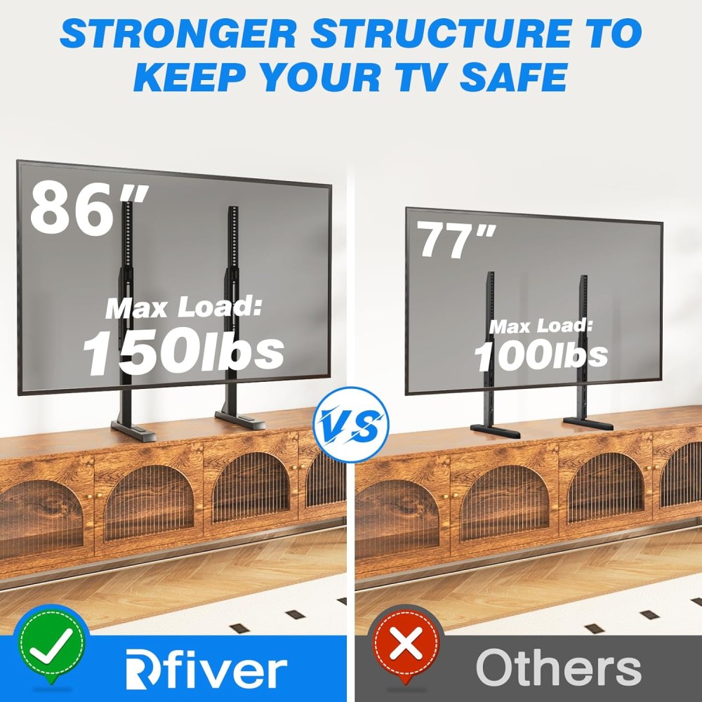 Rfiver Table Top TV Stand with Height Adjustable TV Legs for Most 37 to 86 Inch Flat or Curved TVs, Load Capacity 150 lbs, VESA 800x600mm, Black