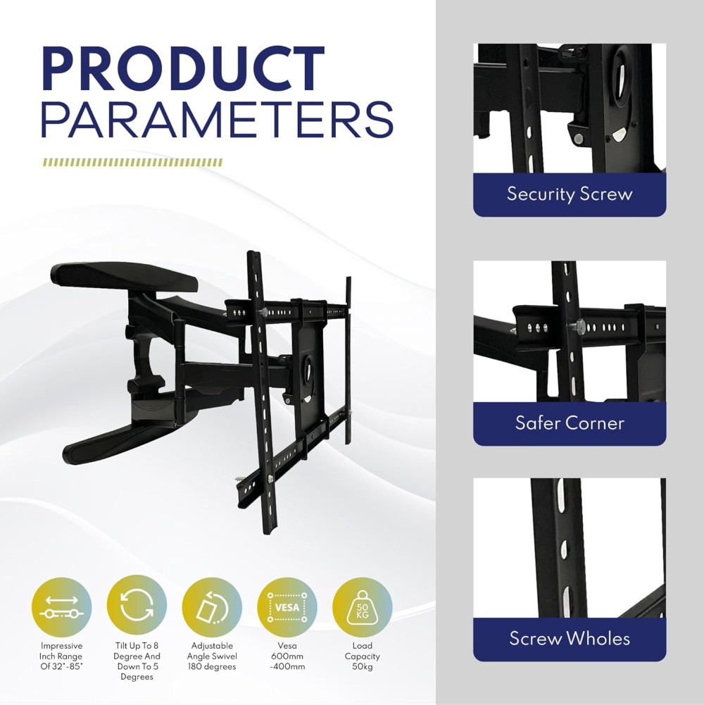 TV Wall Mount - Full Motion TV Mount - Wall TV Bracket Supports 40 To 75 Inches TV Screens Swivel of up to 180 degrees TV Wall Mount