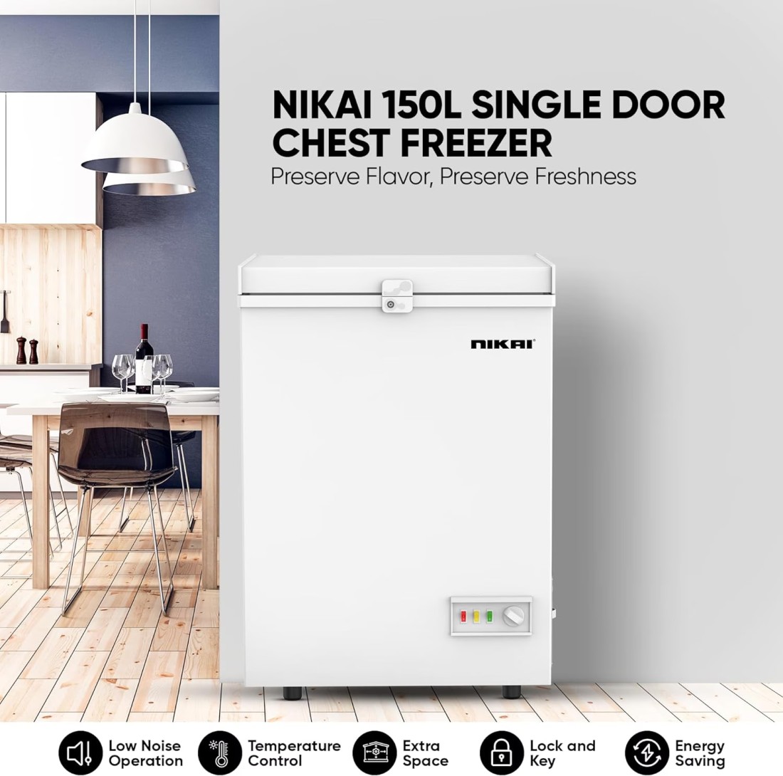 Nikai 150L Gross/100L Net, Single Door Chest Freezer With Storage Basket, High Energy Efficiency Cooling System, Adjustable Temperature, Silent Operation, NCF150N7, White