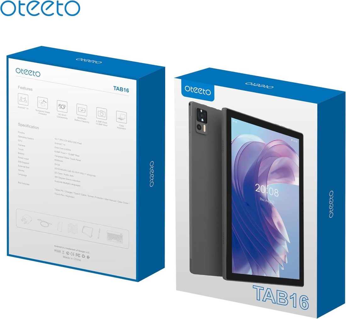 OTEETO TAB 16 tablet/10.1 Inch IPS LCD/Octa Core 2.0GHz/Android 14/4G Connectivity/6000 mAh battery/12GB + 512 GB/8 mp front + 13 Mp Rear Camera/Keyboard/Touch pen
