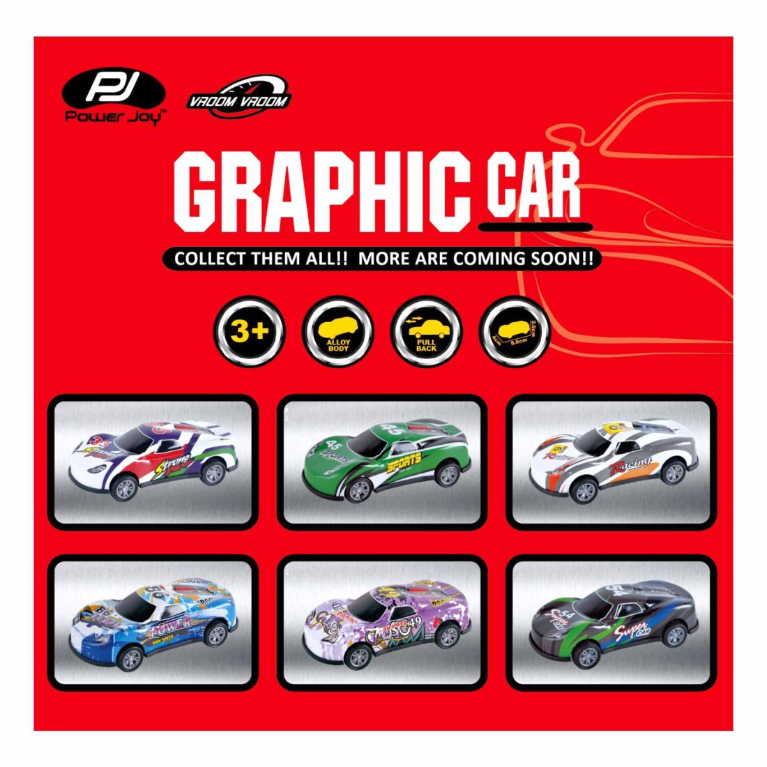 Power Joy Vroom Pullback Graphic Car 8 PCS