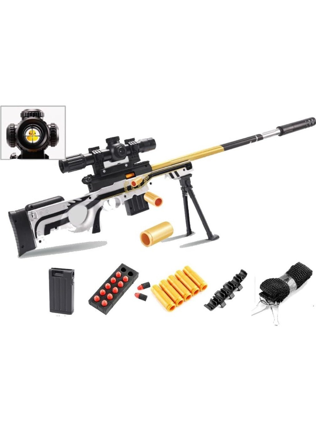 Foam Blaster Sniper Rifle Set for Kids &ndash; EVA Safety Shell Ejecting Toy Gun with Magazine &ndash; AWM Silver &amp; Gold Nerf Toy &ndash; Perfect Birthday Gift for Boys &amp; Girls