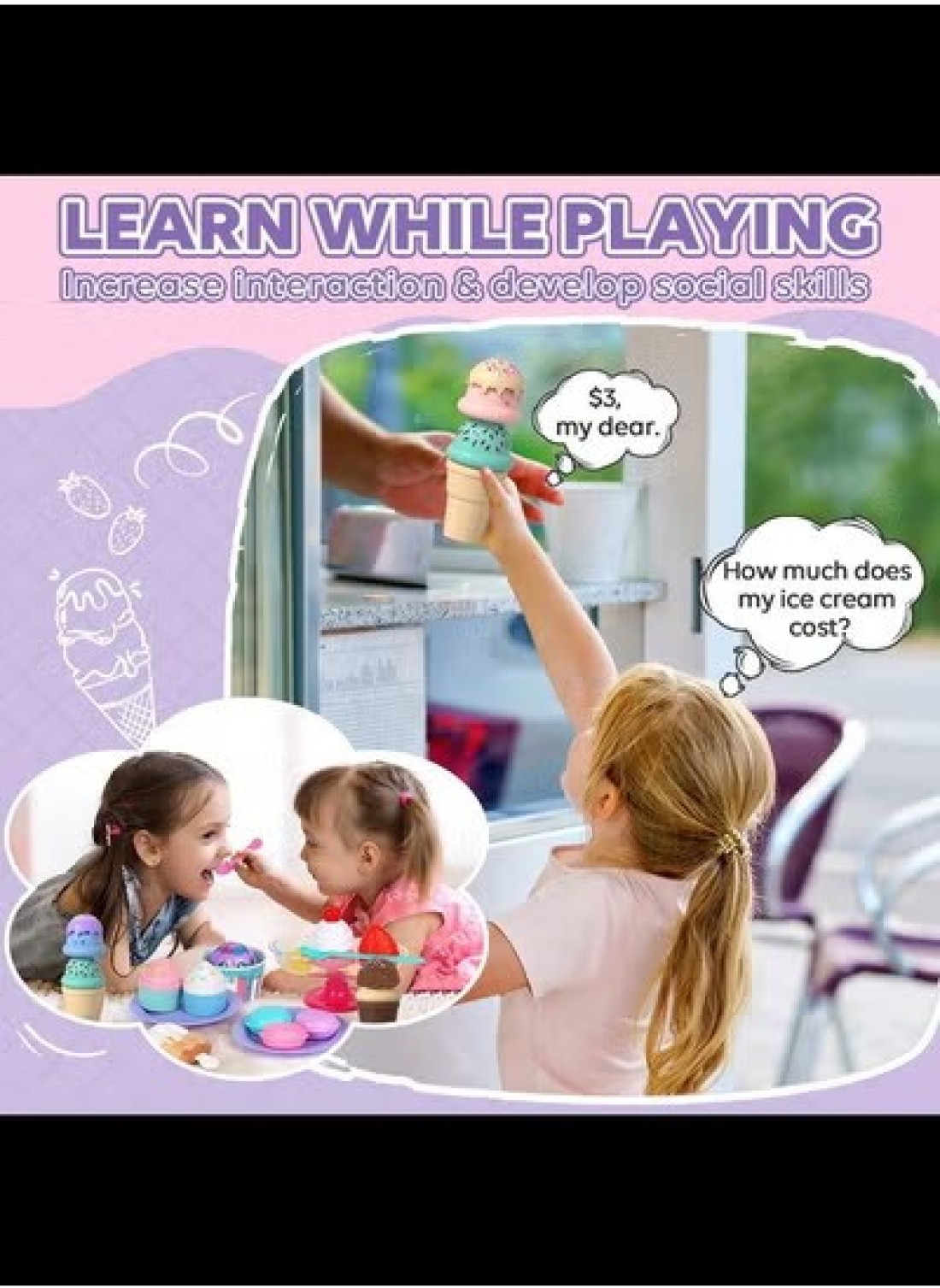 Ice Cream Toys for Kids, Food Toys &amp; Play Kitchen Accessories, Plastic Food, Ice Cream Toy, Play Food &amp; Kitchen Toys, Ice Cream Set, Gift for 3 Year Old Boy Or Girl