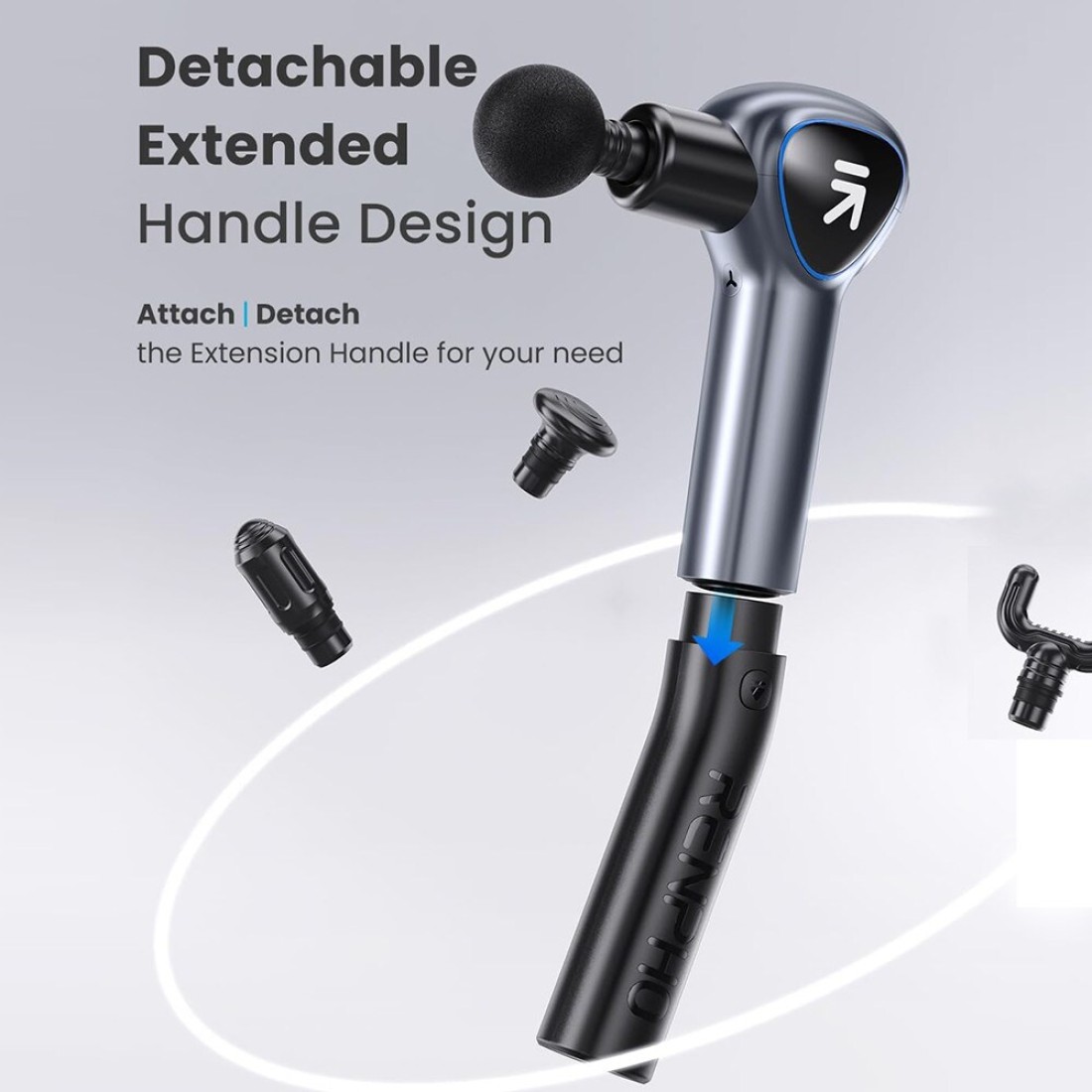 Muscle Massage Gun with Removable Handle, RENPHO Reach Massage Gun, 5 Speed, 4 Massage Heads, 2 in 1 Deep Tissue Hand Massager