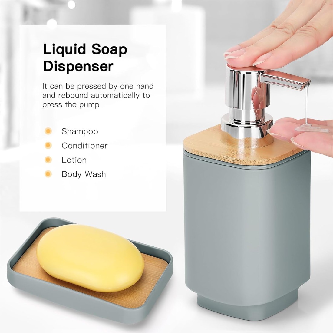 Bamboo Bathroom Accessories Set of 6 Modern Design 6 Pieces Bathroom Accessory Set Soap Dispenser Toothbrush Holder Tooth Mug Soap Dish Toilet Brush Rubbish for Bathroom Home Decor (Grey)