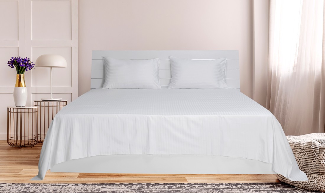 Hotel Linen Klub Single Bed Sheet 2pcs Set , 100% Cotton 250Tc Sateen 1cm Stripe , Size: 160x220cm + 1pc Pillowcase 50x75cm ,White