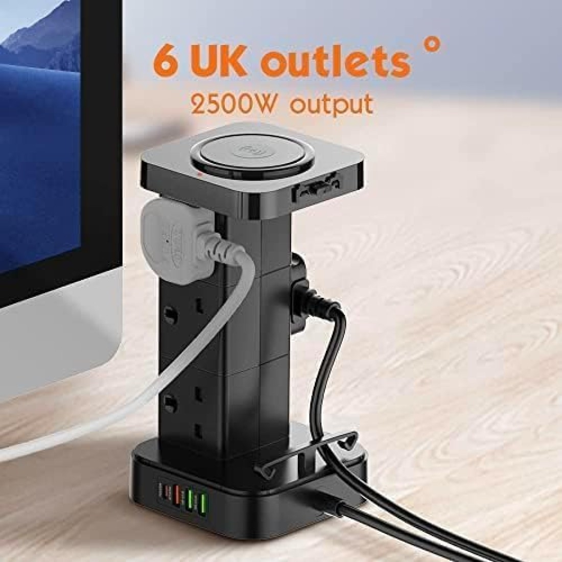 Tower Power Extension Cord 3 In 1 with 15W Wireless Charger - 6 AC Outlets - 4 USB Outlets - 2m Long Extension Cord Power Strip with Cable Organizer Box