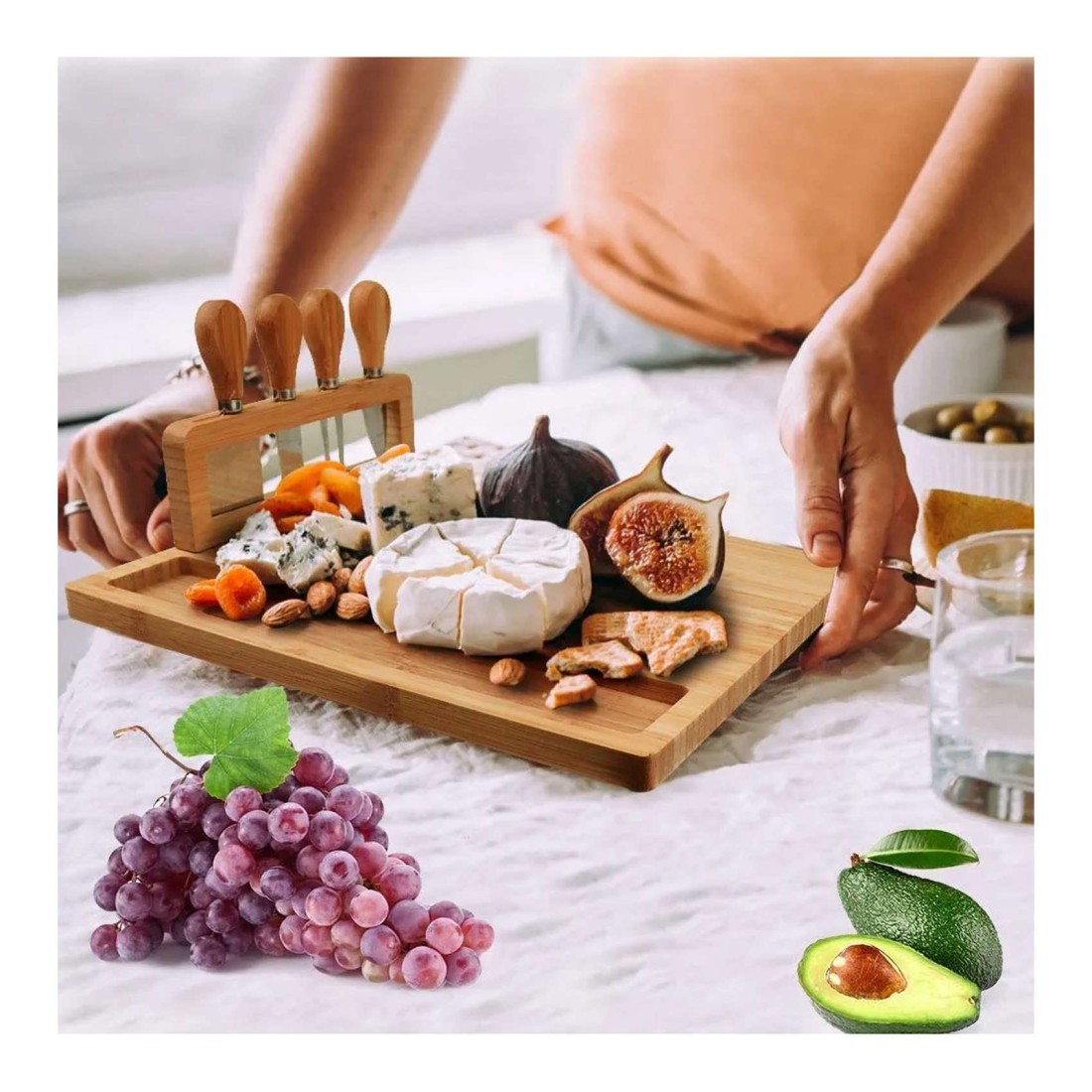 Bamboo Serving Board with Cheese Knives 4 PCS