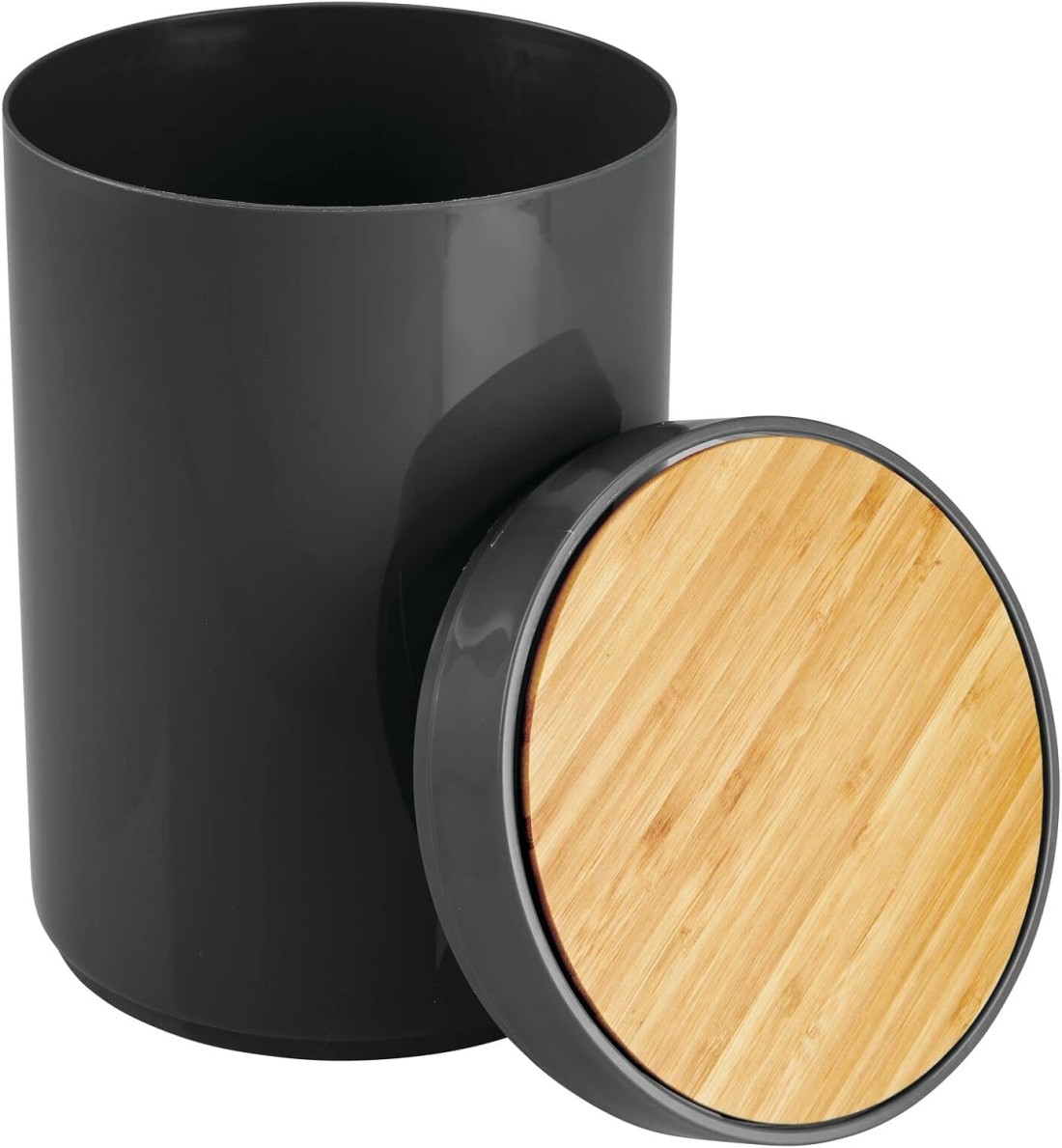 Black Waste Bin With Bamboo Lid