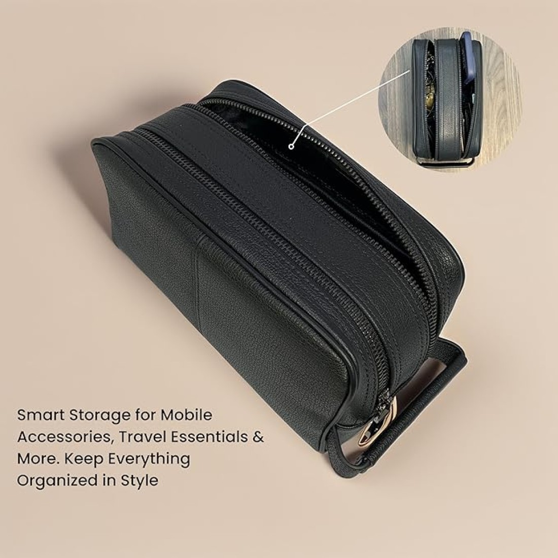 Classic Milano Leather Travel Toiletry Bag, Handbag, Clutch & Cosmetic Pouch – Travel Organizer, Spacious Case & Dopp Kit for Shaving, Makeup & Grooming Essentials – 202228 Black