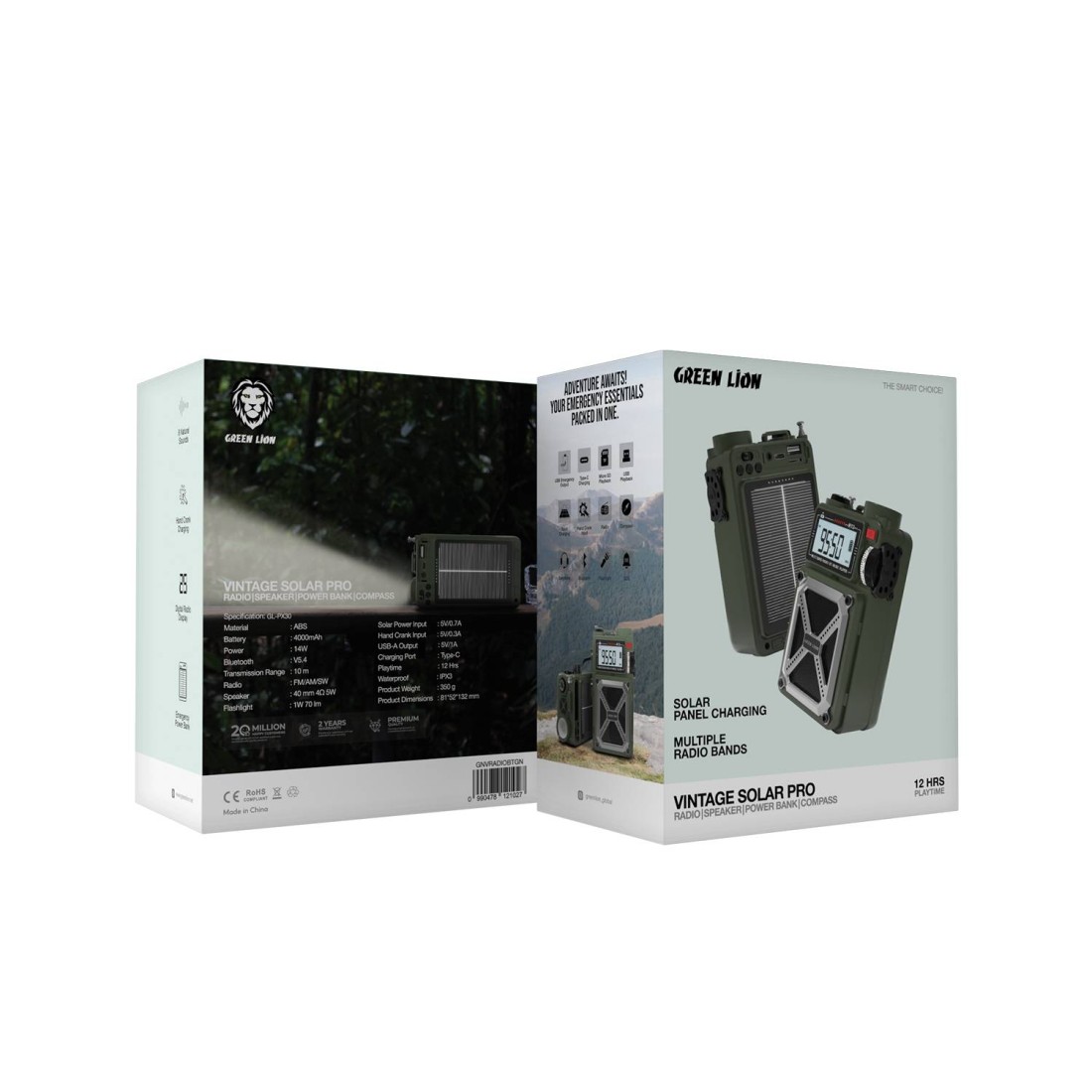 Green Lion Vintage Solar Pro Radio and Bluetooth Speaker with Power Bank, 4000mAh Battery, Solar Power Input 5V/0.7A, Hand Crank Charging, 10m Transmission Range, IPX3 Waterproof, 12H Playtime