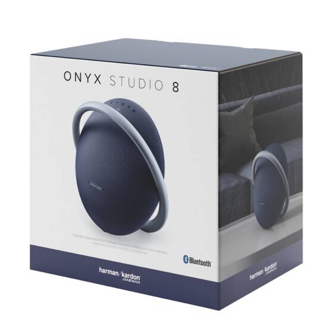 Harman Kardon Portable Bluetooth Speaker Onyx Studio 8, Bluetooth 5.2, Dual Microphones, 8 Hours Playtime, Li-ion Polymer Battery, Self-Tuning Tech, Recycled Plastic, Blue
