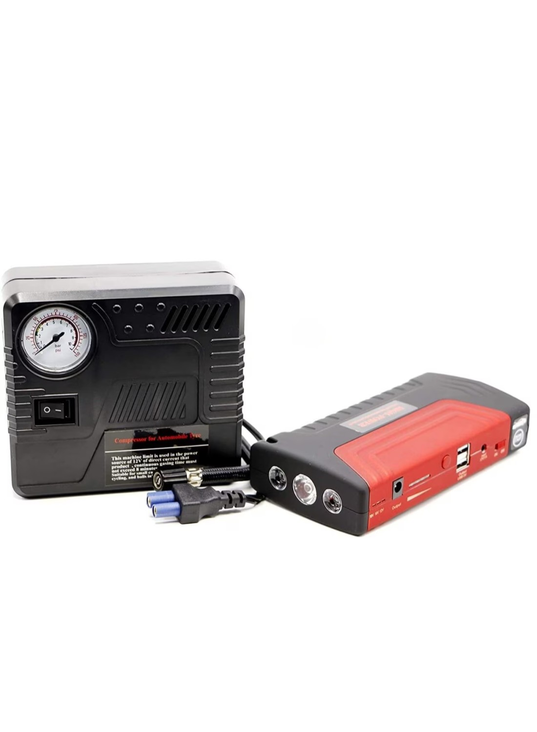 Portable Car Jump Starter Battery Pack with Powerful Booster Cable, Air Compressor, Extra Battery, Jumper Cable, Tire Inflator & LED Light 2 USB/DC 12V Ports