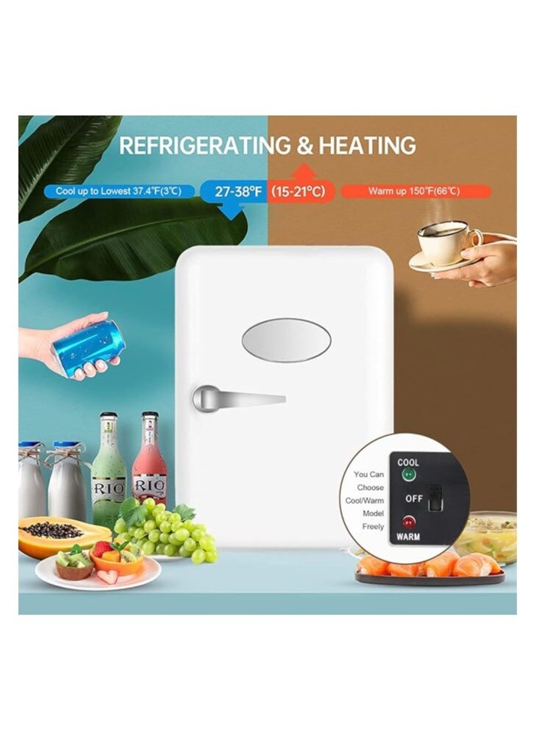 Portable Mini Fridge, 6-Can Compact Travel Refrigerator, AC/DC Thermoelectric Cooler and Warmer for Food, Drinks, Skincare, Beauty, Milk - Ideal for Travel, Car, Office, and Home
