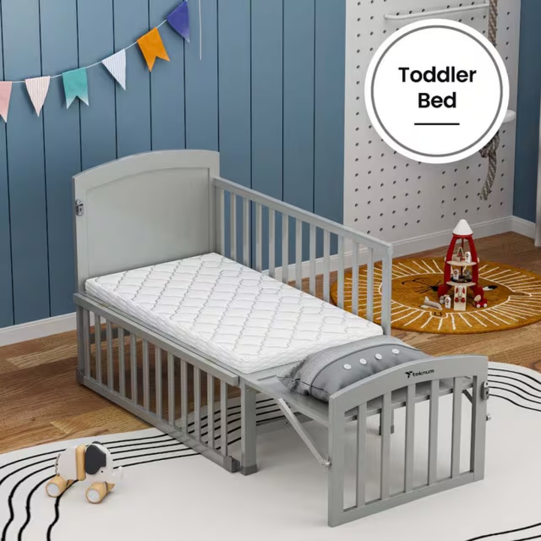 Teknum - 7 in 1 Convertible Kids Bed &amp; Bedside Crib w / Mattress, Mosquito net &amp; Detachable Wheels(0 - 12yrs) - Grey