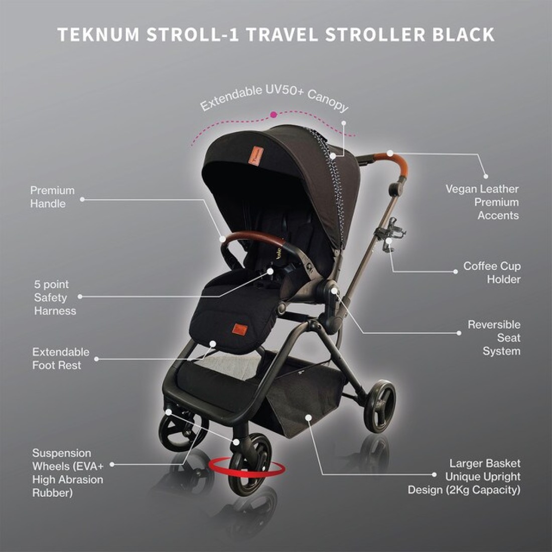 Teknum STROLL - 1 Reversible Travel Stroller - Black