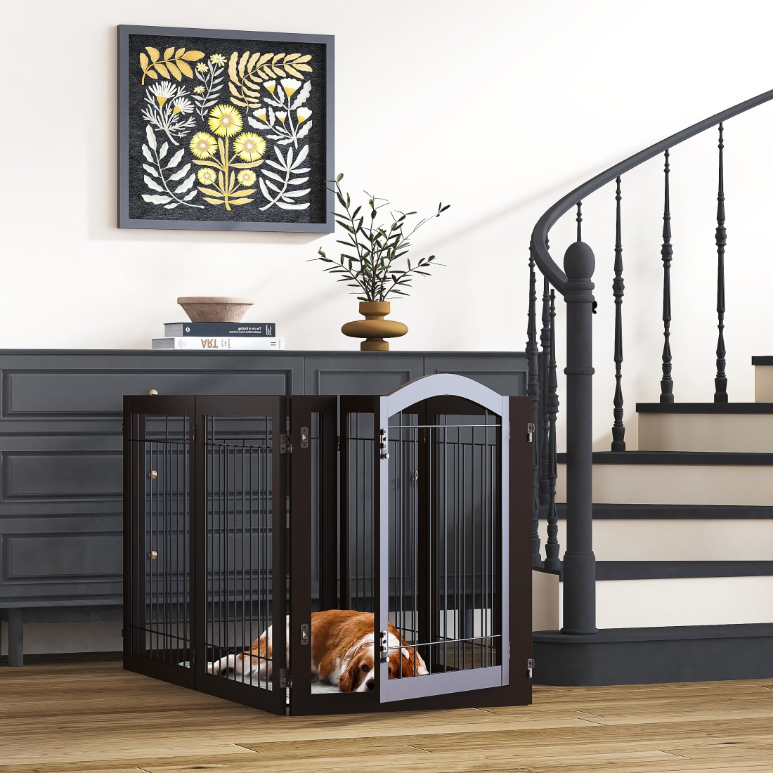 PAWLAND 144inch Extra Wide 30inches Tall Dog gate with Door Walk Through Freestanding Wire Pet Gate for The House Doorway Stairs Pet Puppy Safety Fence Support Feet Included Espresso6 Panels