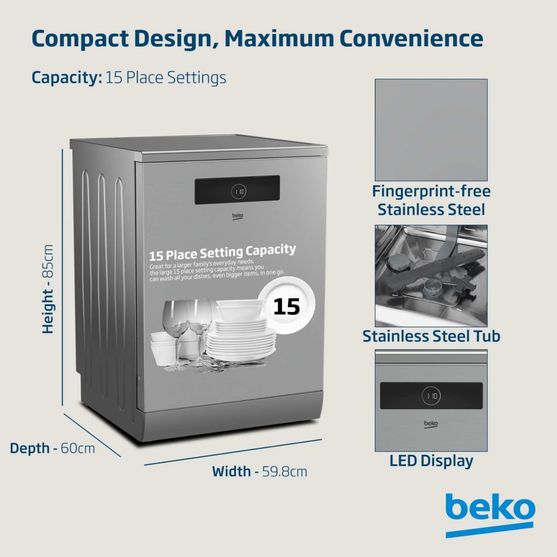 Beko Freestanding Dishwasher 15 Place Settings, 8 Programs,3 Racks,A++ Energy Rating,10 yrs warranty on Prosmart inverter motor,BDEN38523XQ(Stainless)