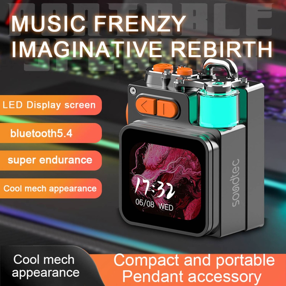 Porodo Soundtec Pocket Elite Speaker &amp; Dialer, 100Hz-20kHz Frequency Range, 1200mAh Battery, 5W Rated Power, Bluetooth 5.4, 2.64&quot; Touch Display, Micro SD Slot, HiFi Sound
