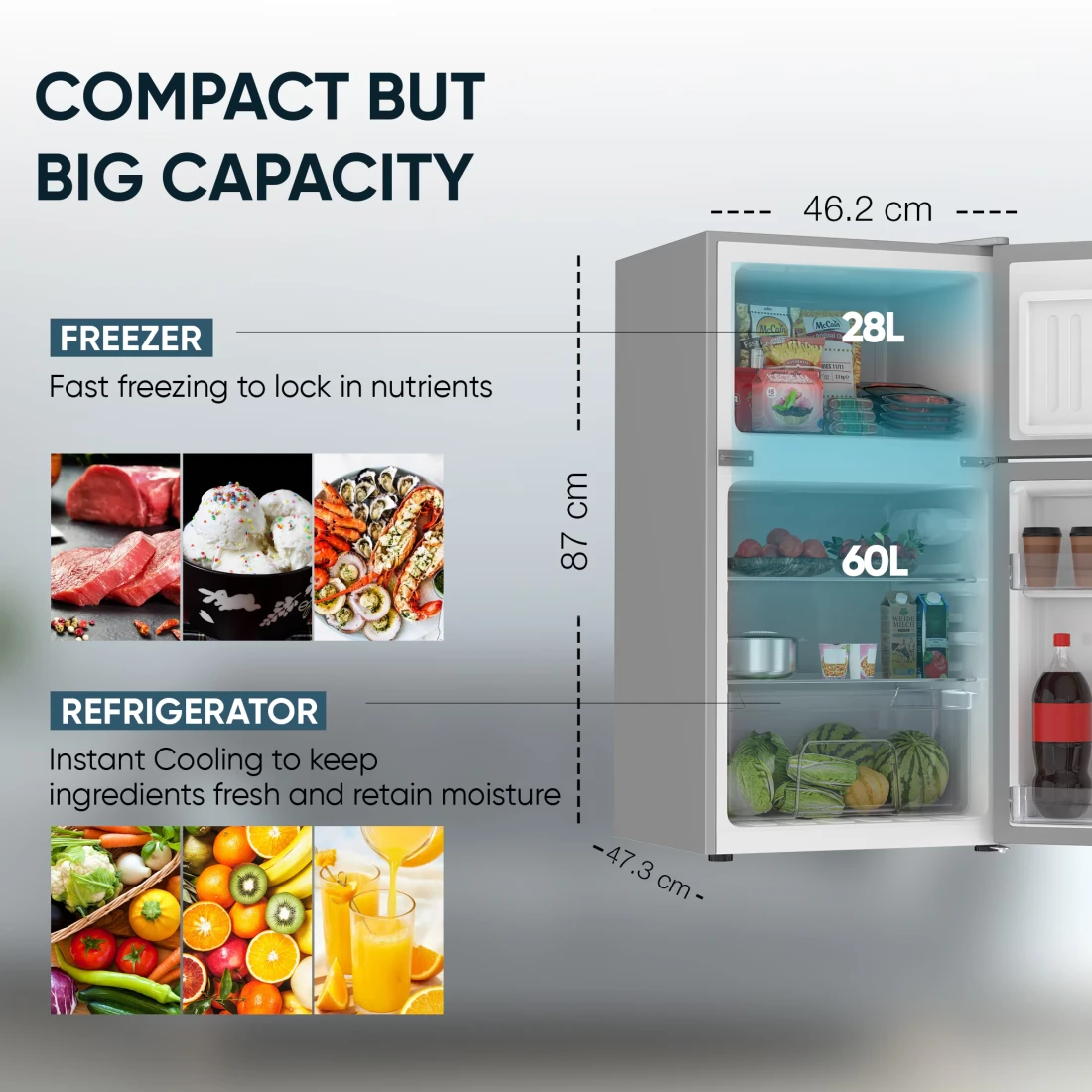 Nikai 135L Gross/88L Net, Small Double Door Mini Refrigerator with Vegetable Crisper &amp; Adjustable Glass Shelves, Defrosting, Mini Fridge for Home, Kitchen, Bedroom, Office &amp; Hotels NRF135DDS Silver
