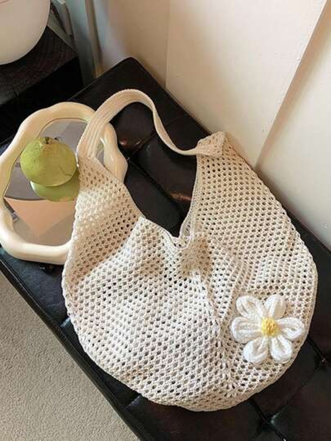Yogodlns Hollow Out Weave Bag Bohemian Style Beach Handbag Hollow Tote Bag Large Capacity Slouchy Style Beach Bag Shopping Women Casual Beach Bag Large Capacity Crochet Flower Tote Bag Fashion Tote Ha
